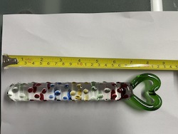 Glass: 8A - GLASS DONG - MULTI COLOUR DOTS WITH HEART HANDLE - XAP77-1