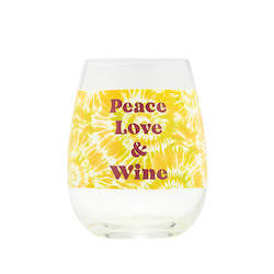 WINE GLASSES: 7B - BLURRED PEACE  LOVE & WINE TIE DYE WINE GLASS - 115229**